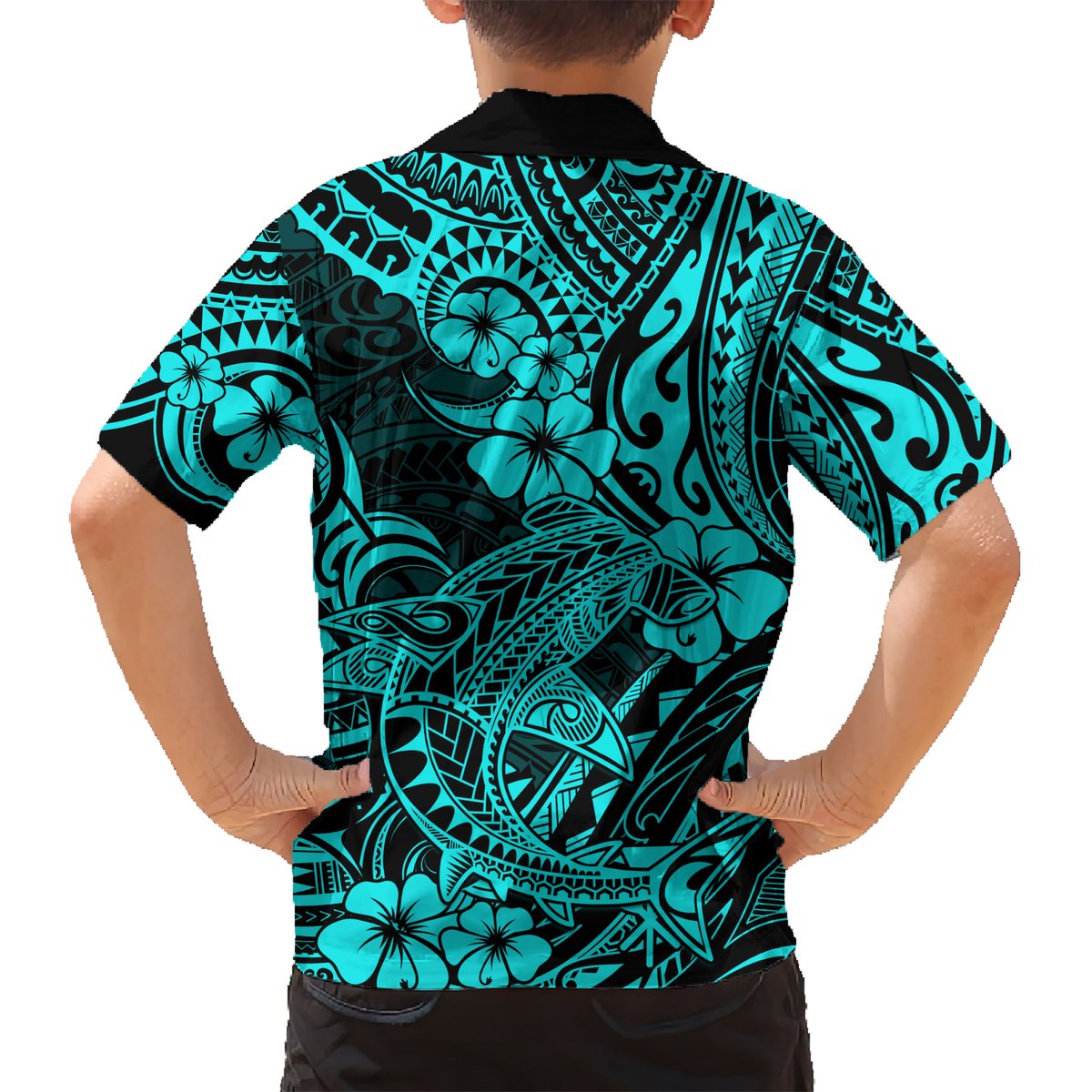 Hawaii Shark Hawaiian Shirt Polynesian Pattern Turquoise Version LT01 - Polynesian Pride
