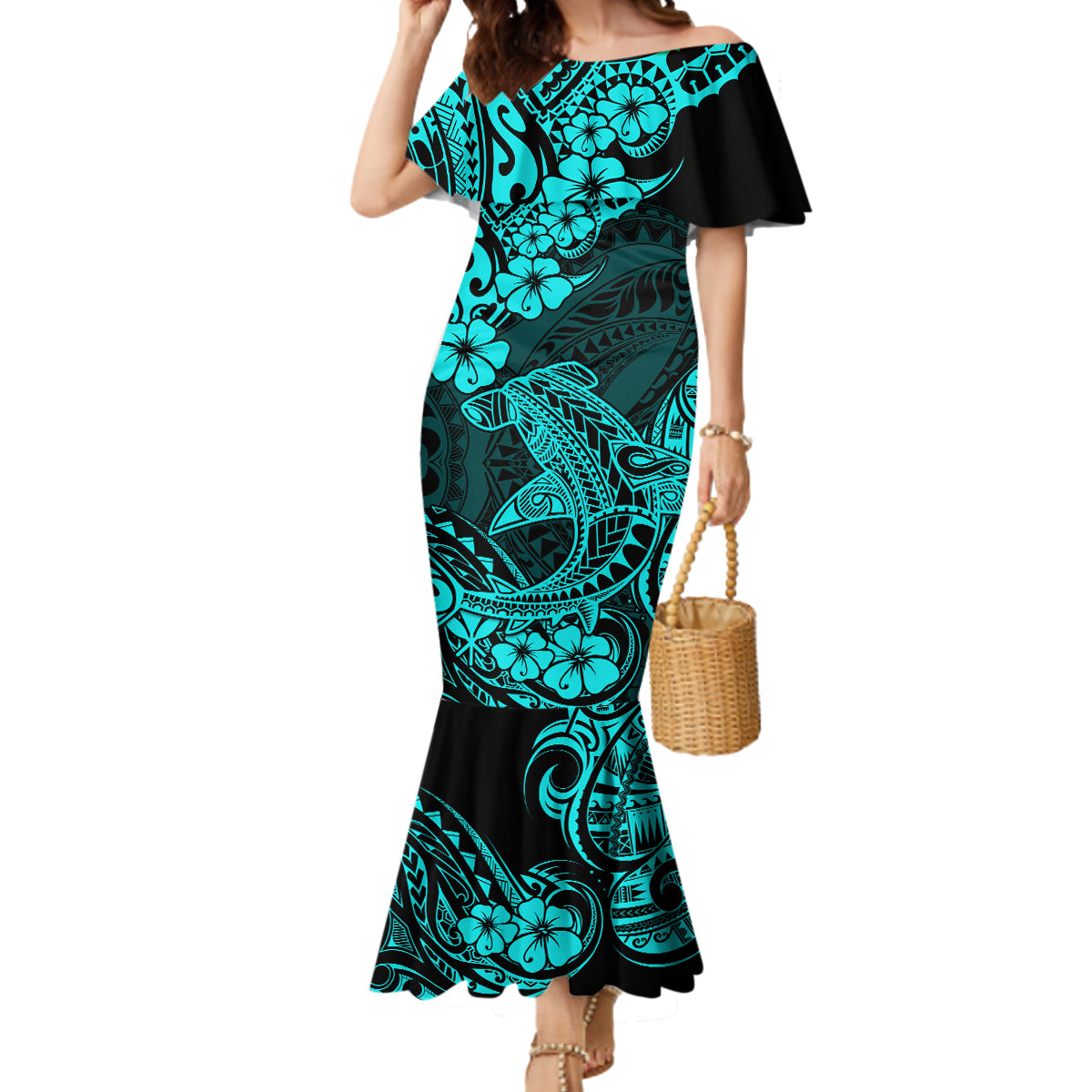 Hawaii Shark Mermaid Dress Polynesian Pattern Turquoise Version LT01 Women Turquoise - Polynesian Pride