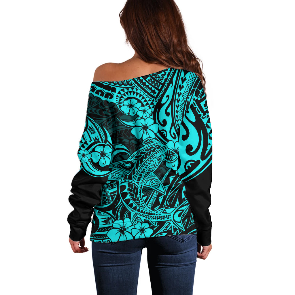 Hawaii Shark Off Shoulder Sweater Polynesian Pattern Turquoise Version LT01 - Polynesian Pride