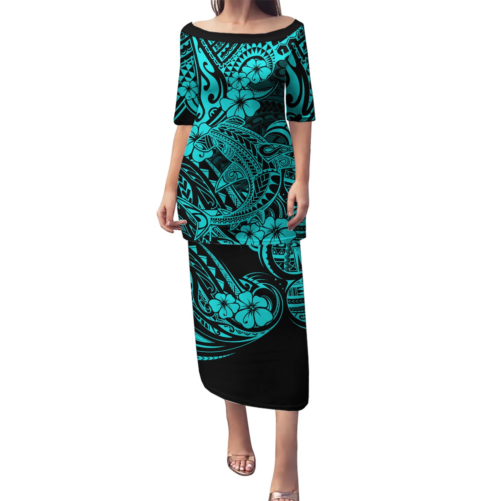 Hawaii Shark Puletasi Polynesian Pattern Turquoise Version LT01 Long Dress Turquoise - Polynesian Pride