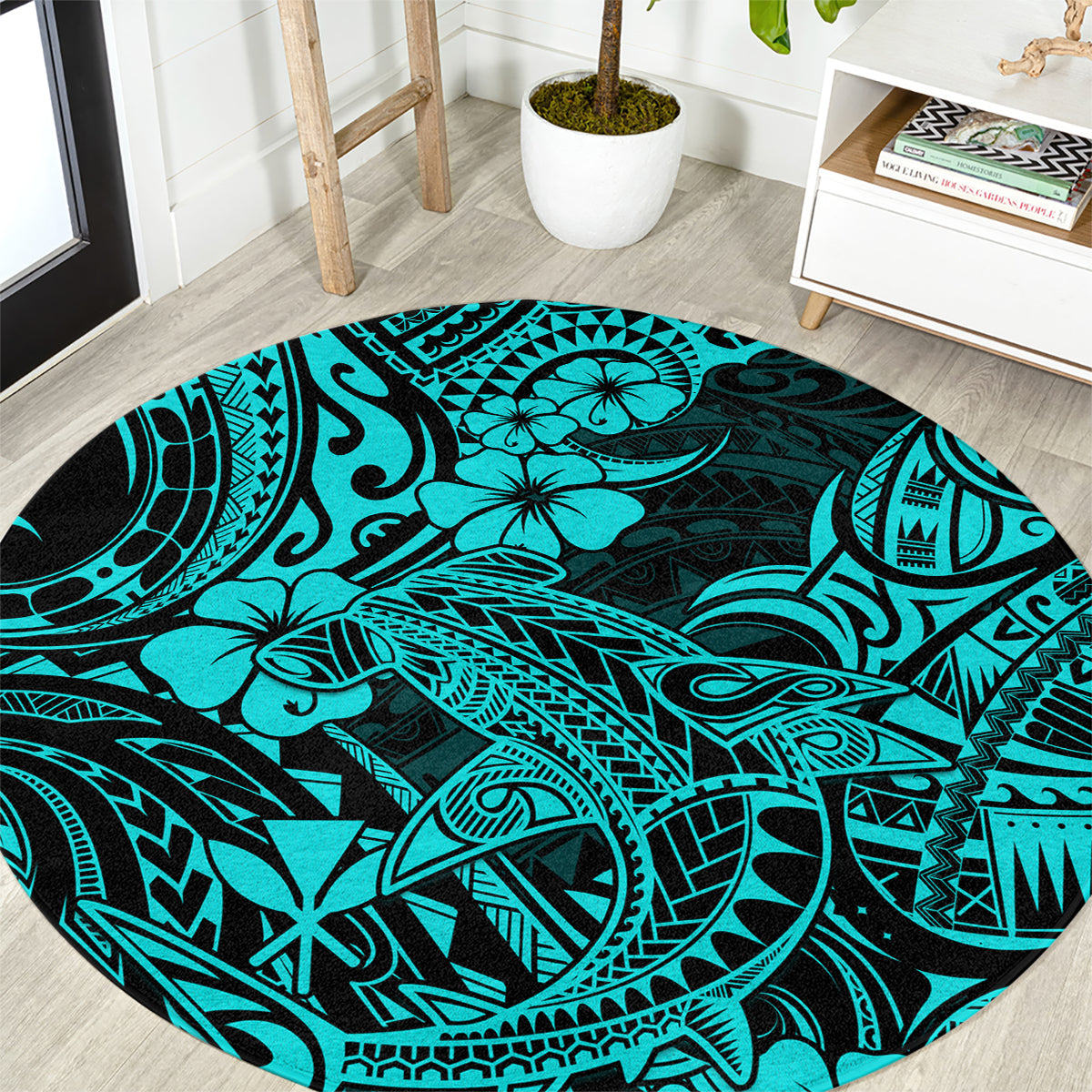 Hawaii Shark Round Carpet Polynesian Pattern Turquoise Version LT01 Turquoise - Polynesian Pride