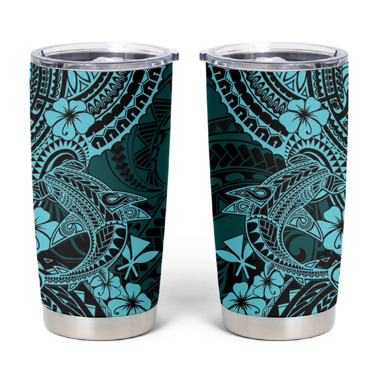 Hawaii Shark Tumbler Cup Polynesian Pattern Turquoise Version