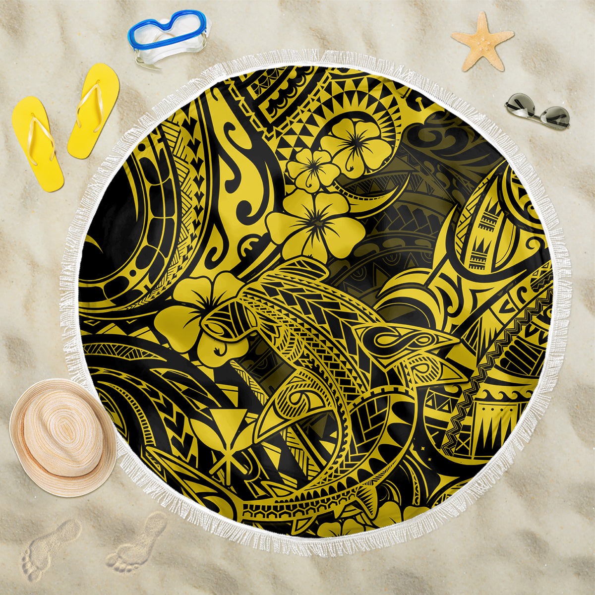 Hawaii Shark Beach Blanket Polynesian Pattern Yellow Version LT01 One Size 150cm Yellow - Wonder Print Shop