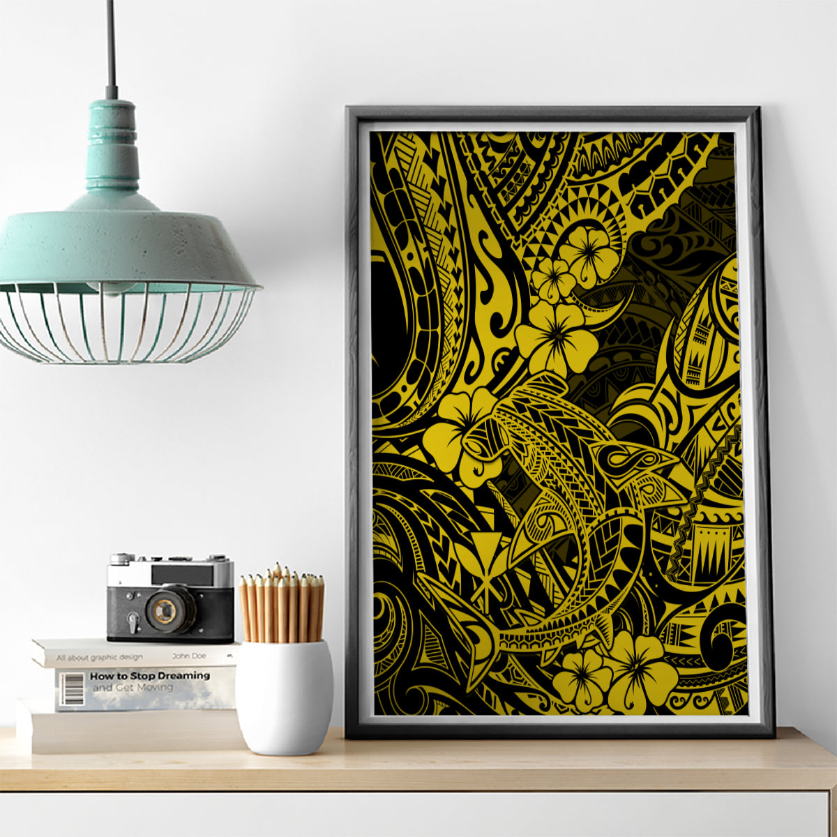 Hawaii Shark Canvas Wall Art Polynesian Pattern Yellow Version LT01 - Polynesian Pride