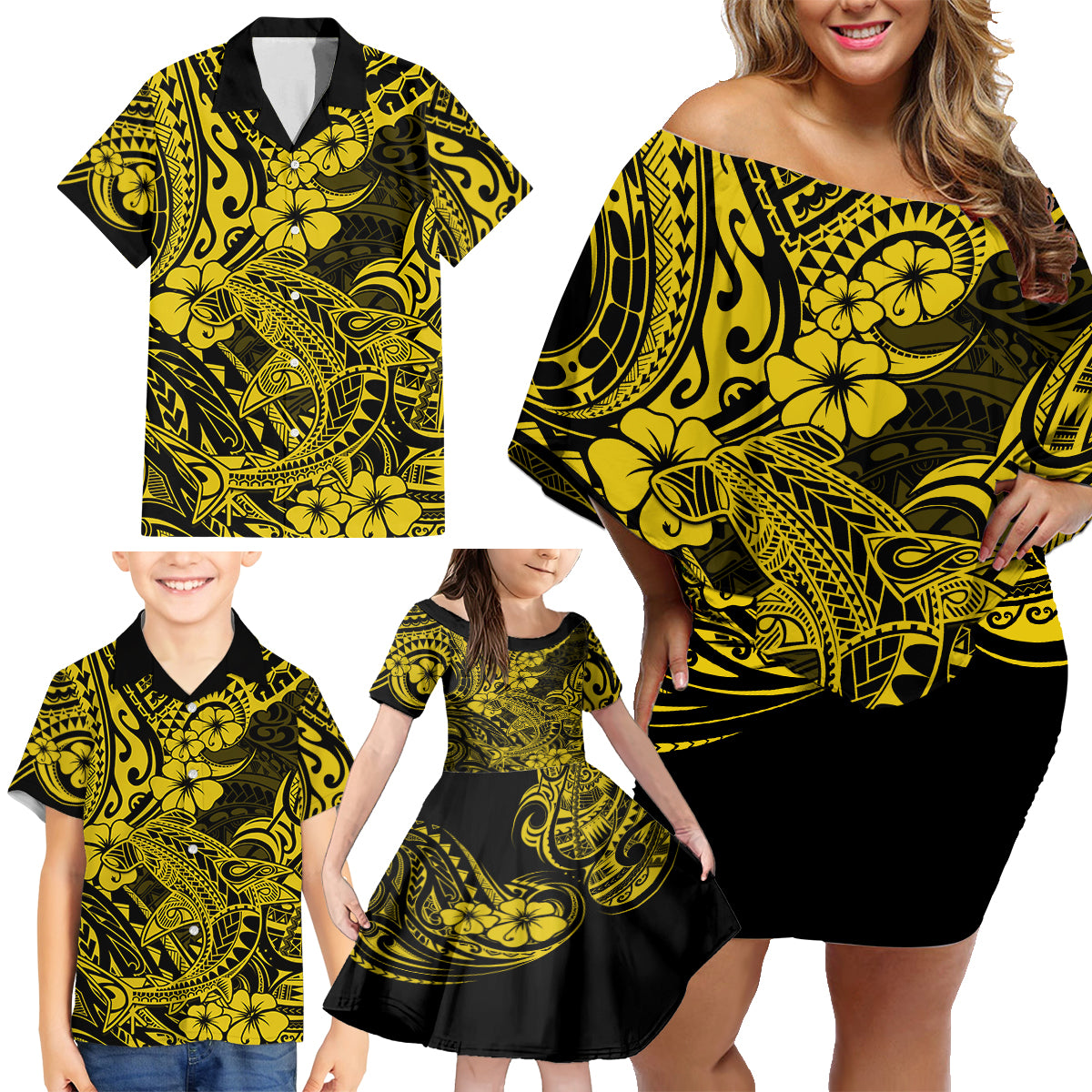 Hawaii Shark Family Matching Off Shoulder Short Dress and Hawaiian Shirt Polynesian Pattern Yellow Version LT01 - Polynesian Pride