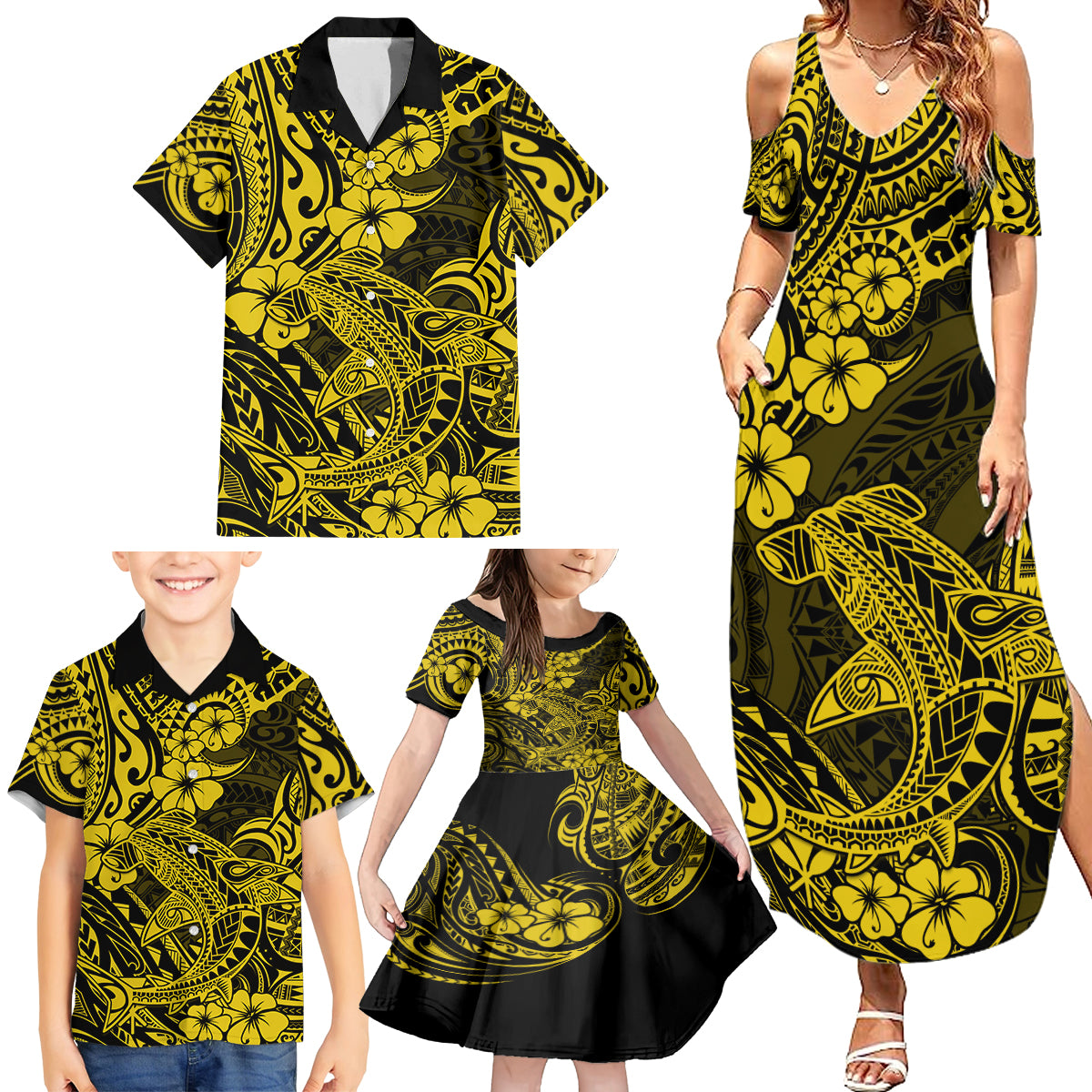 Hawaii Shark Family Matching Summer Maxi Dress and Hawaiian Shirt Polynesian Pattern Yellow Version LT01 - Polynesian Pride