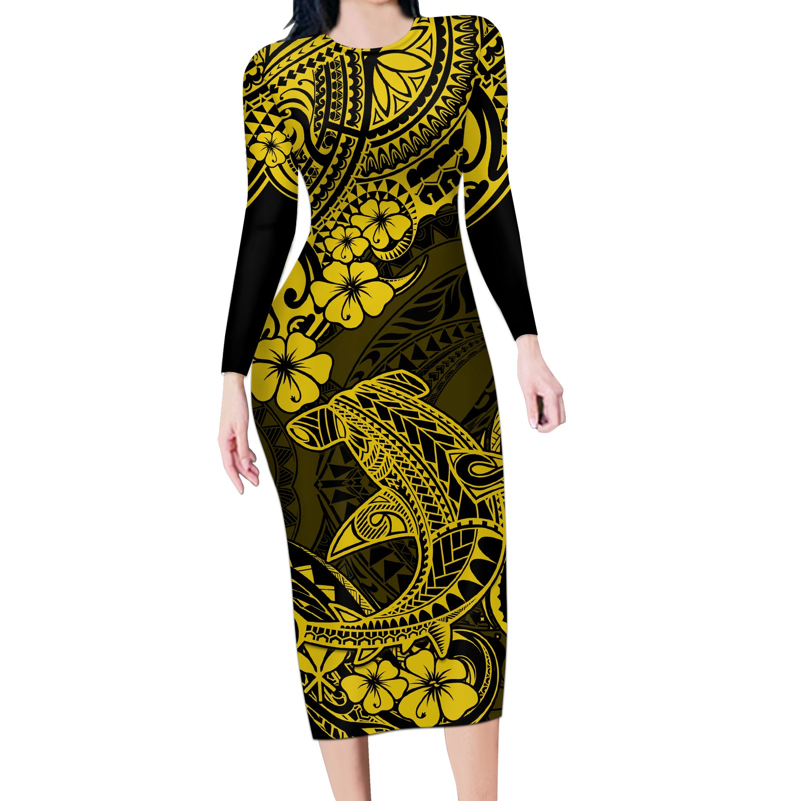 Hawaii Shark Long Sleeve Bodycon Dress Polynesian Pattern Yellow Version LT01 Long Dress Yellow - Polynesian Pride