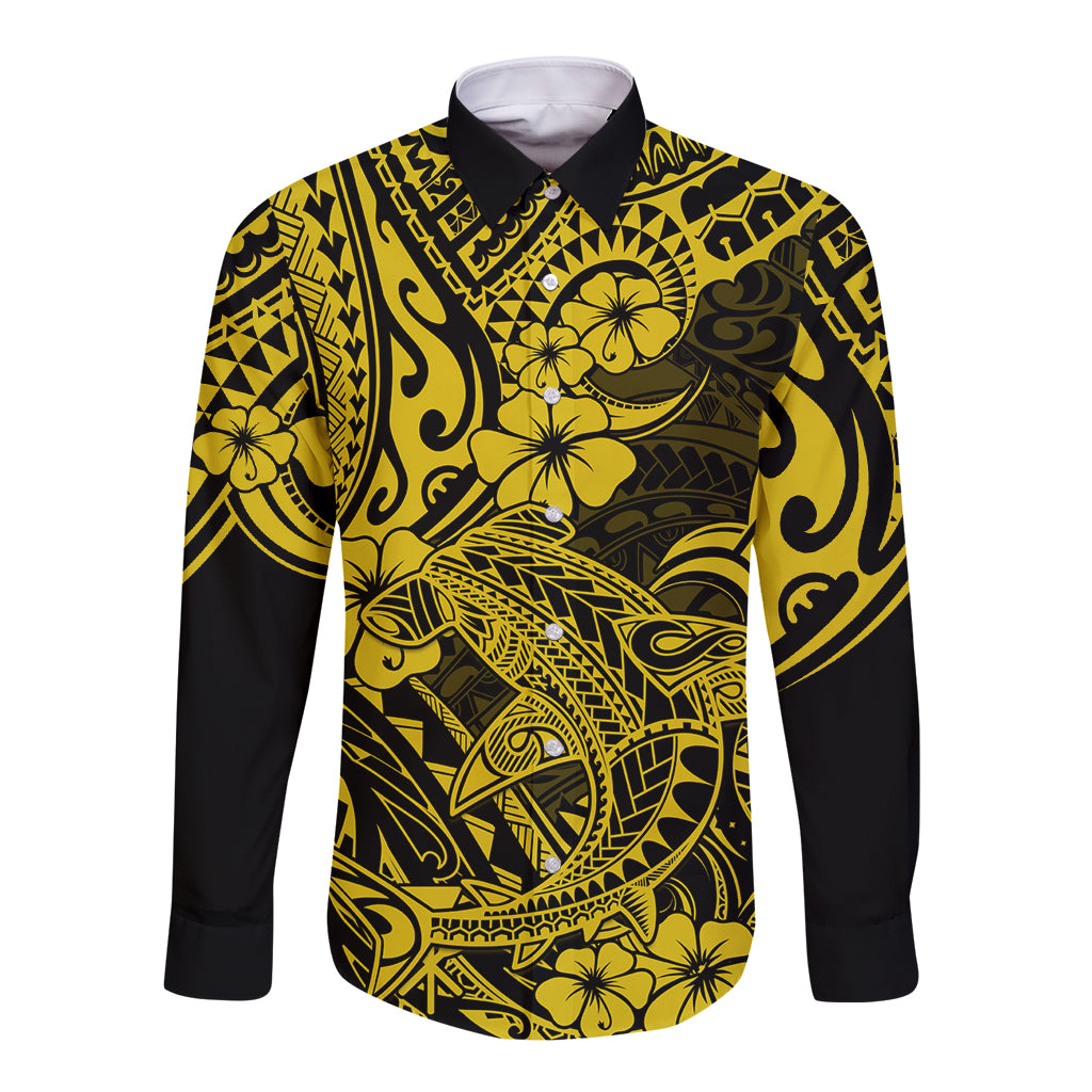 Hawaii Shark Long Sleeve Button Shirt Polynesian Pattern Yellow Version LT01 Unisex Yellow - Polynesian Pride