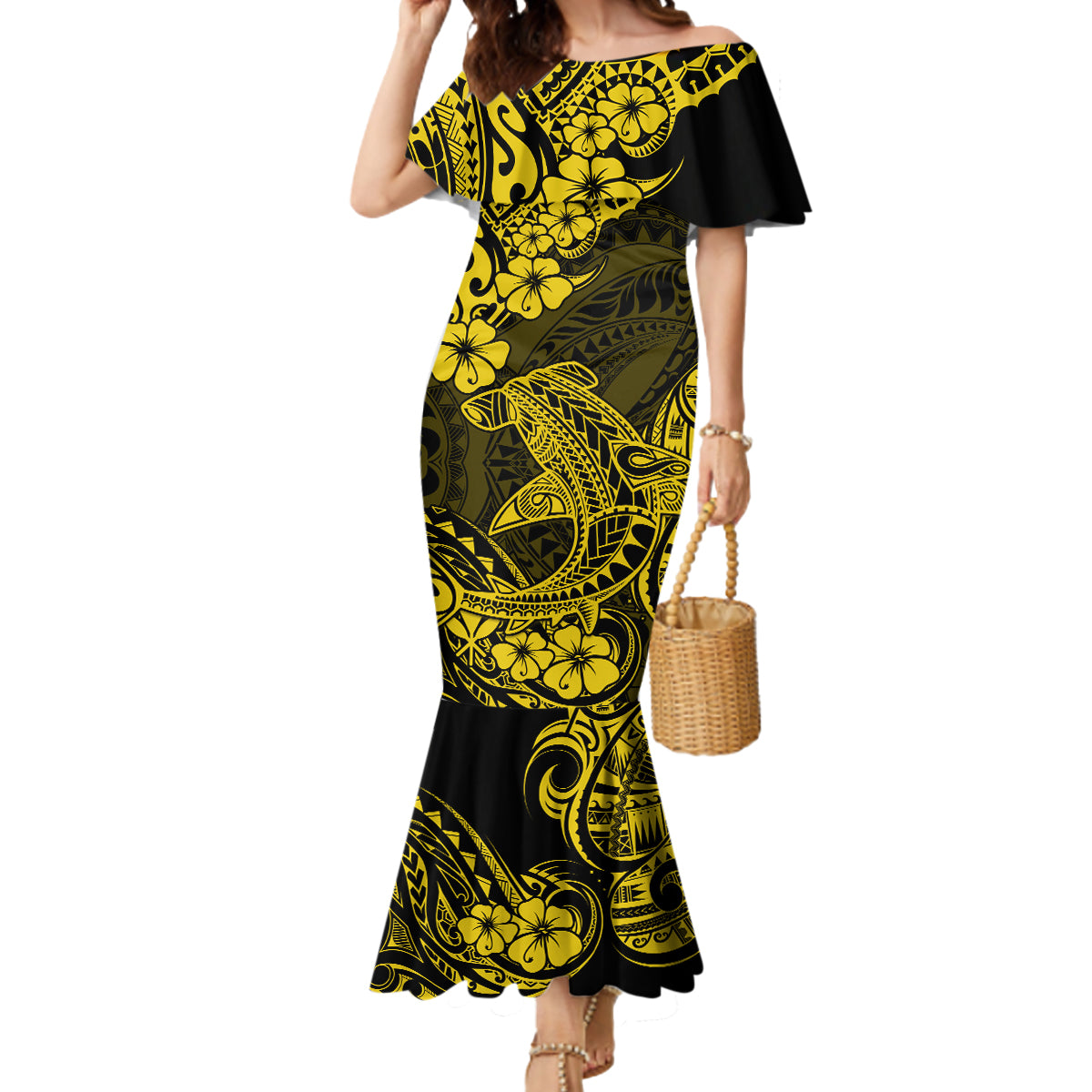 Hawaii Shark Mermaid Dress Polynesian Pattern Yellow Version LT01 Women Yellow - Polynesian Pride