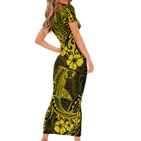 Hawaii Shark Short Sleeve Bodycon Dress Polynesian Pattern Yellow Version LT01 - Polynesian Pride
