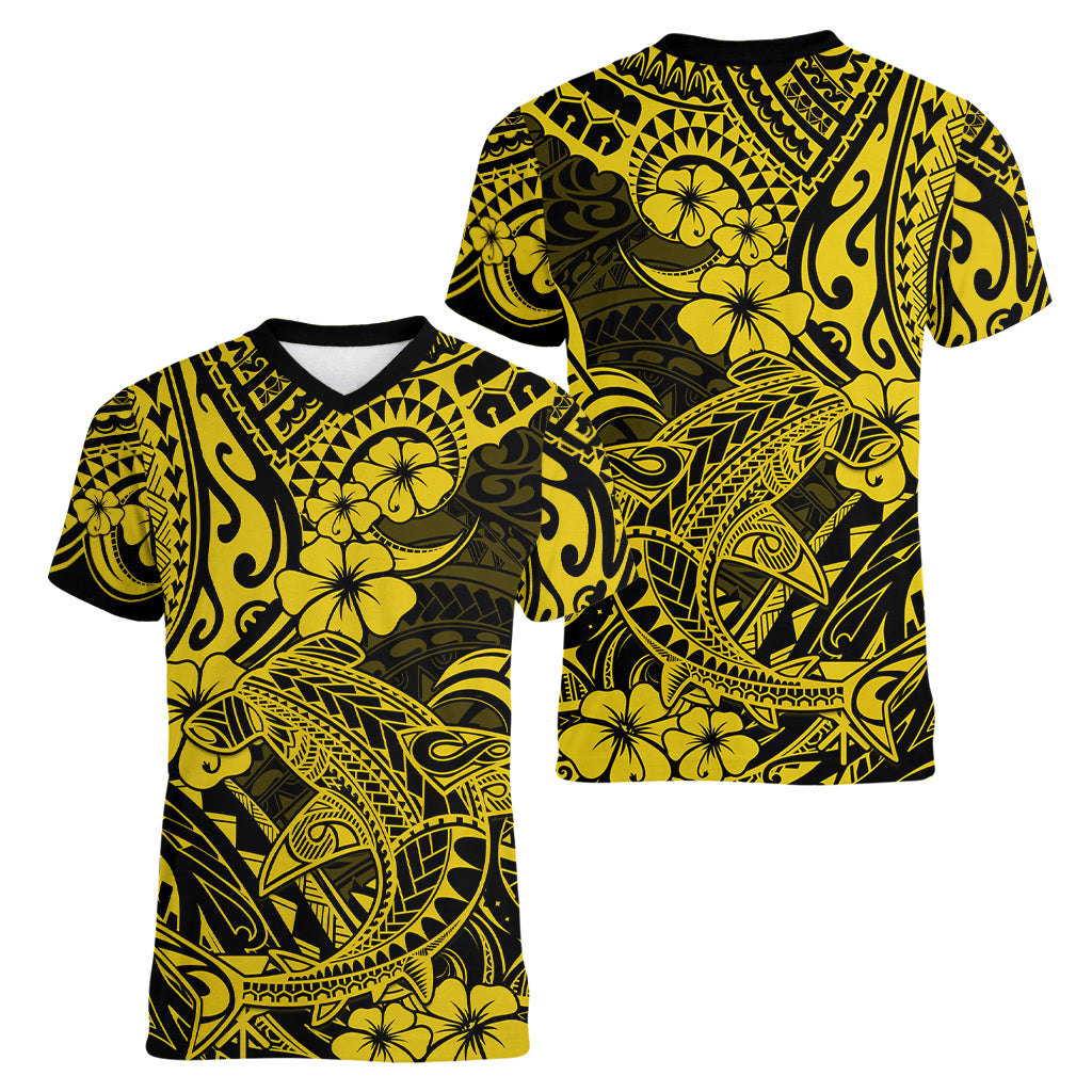 Hawaii Shark Women V Neck T Shirt Polynesian Pattern Yellow Version LT01 - Polynesian Pride