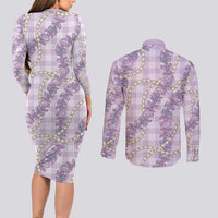 Pua Kalaunu Lei Couples Matching Long Sleeve Bodycon Dress and Long Sleeve Button Shirt Palaka Pattern LT01 - Polynesian Pride