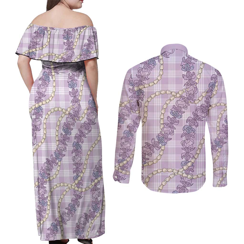 Pua Kalaunu Lei Couples Matching Off Shoulder Maxi Dress and Long Sleeve Button Shirt Palaka Pattern LT01 - Polynesian Pride