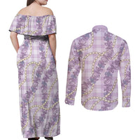 Pua Kalaunu Lei Couples Matching Off Shoulder Maxi Dress and Long Sleeve Button Shirt Palaka Pattern LT01 - Polynesian Pride