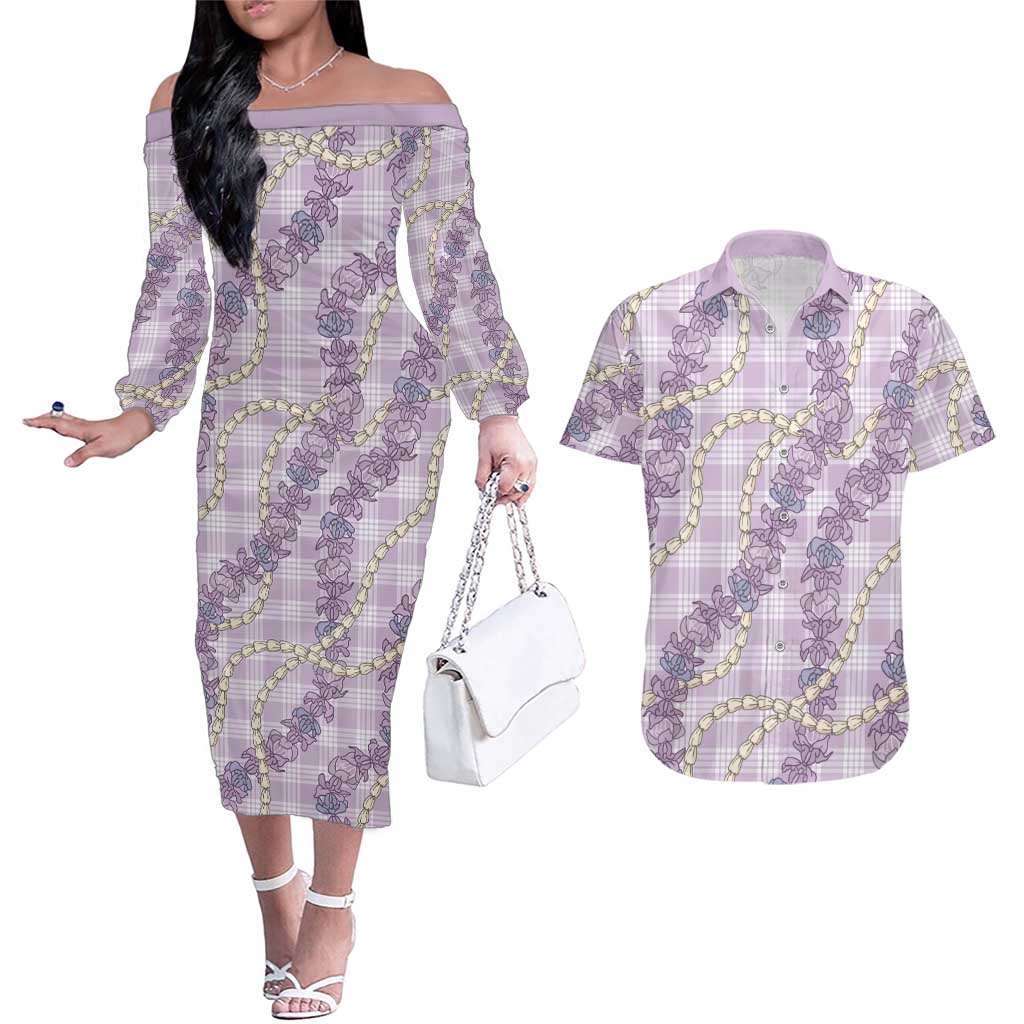 Pua Kalaunu Lei Couples Matching Off The Shoulder Long Sleeve Dress and Hawaiian Shirt Palaka Pattern LT01 Purple - Polynesian Pride