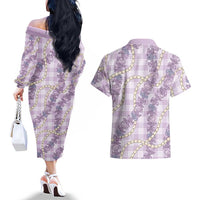 Pua Kalaunu Lei Couples Matching Off The Shoulder Long Sleeve Dress and Hawaiian Shirt Palaka Pattern LT01 - Polynesian Pride
