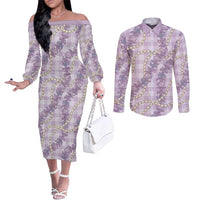 Pua Kalaunu Lei Couples Matching Off The Shoulder Long Sleeve Dress and Long Sleeve Button Shirt Palaka Pattern LT01 Purple - Polynesian Pride