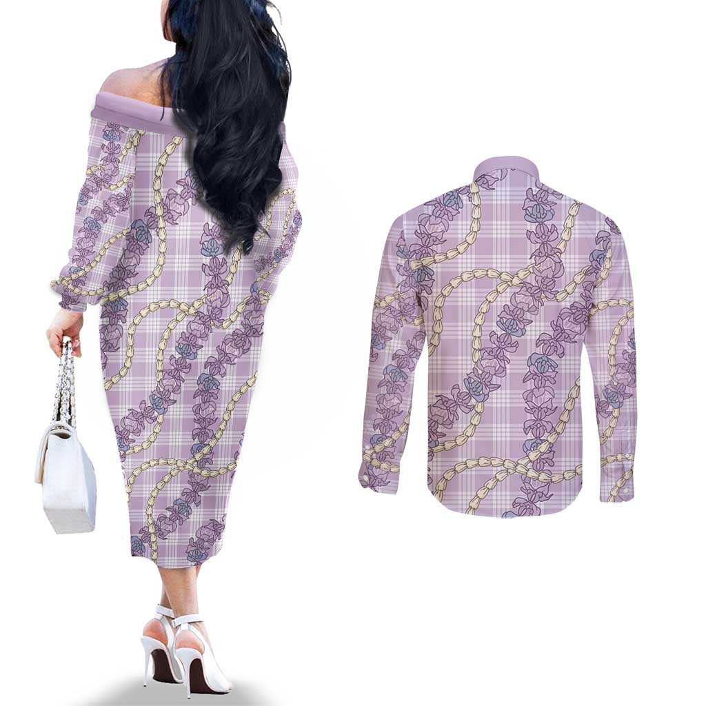Pua Kalaunu Lei Couples Matching Off The Shoulder Long Sleeve Dress and Long Sleeve Button Shirt Palaka Pattern LT01 - Polynesian Pride