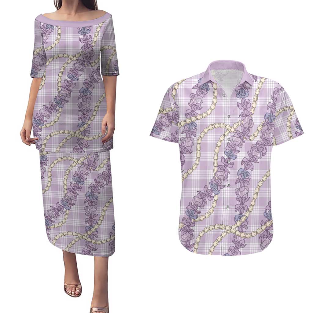 Pua Kalaunu Lei Couples Matching Puletasi and Hawaiian Shirt Palaka Pattern LT01 Purple - Polynesian Pride