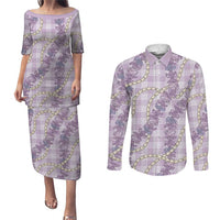 Pua Kalaunu Lei Couples Matching Puletasi and Long Sleeve Button Shirt Palaka Pattern LT01 Purple - Polynesian Pride