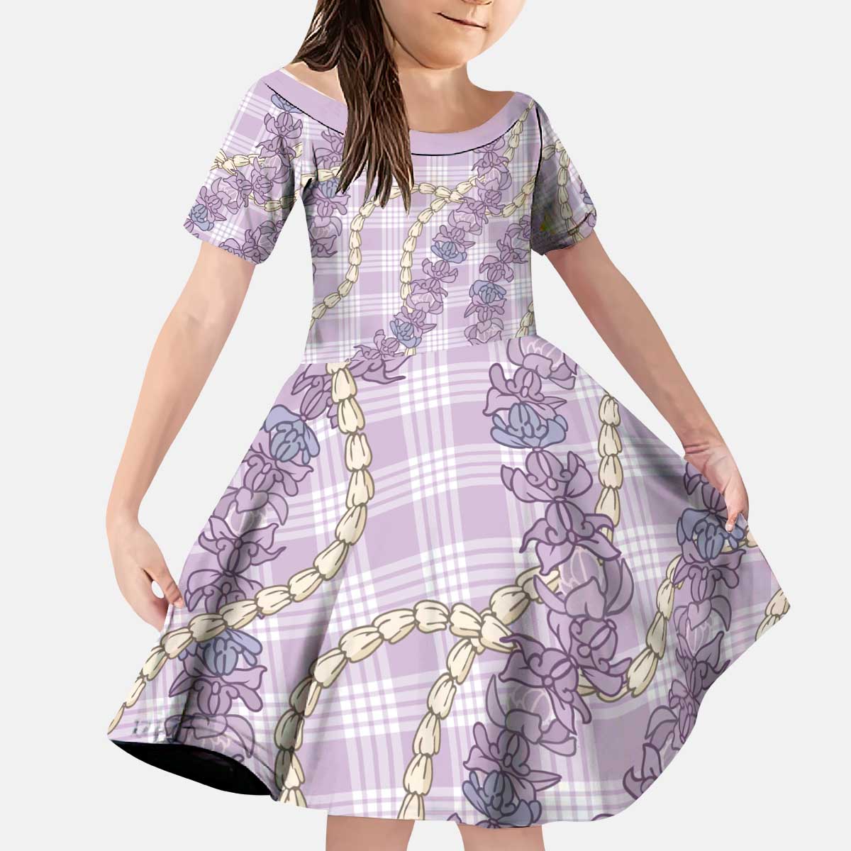 Pua Kalaunu Lei Kid Short Sleeve Dress Palaka Pattern LT01 KID Purple - Polynesian Pride