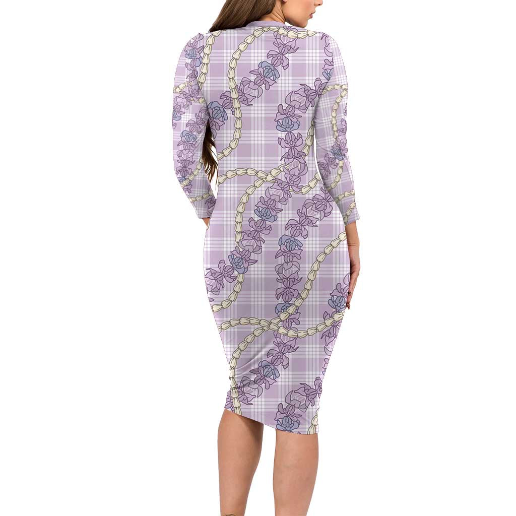 Pua Kalaunu Lei Long Sleeve Bodycon Dress Palaka Pattern LT01 - Polynesian Pride