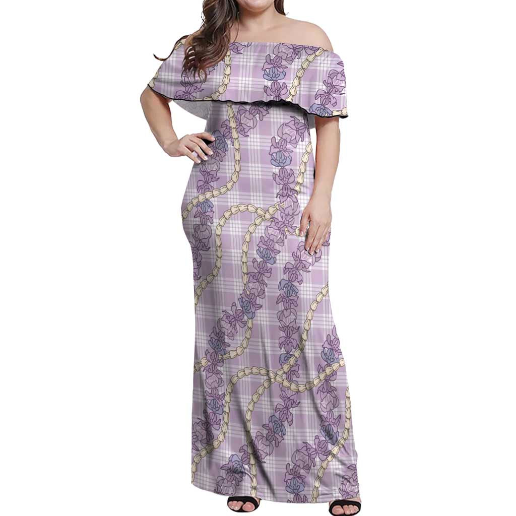 Pua Kalaunu Lei Off Shoulder Maxi Dress Palaka Pattern LT01 Women Purple - Polynesian Pride