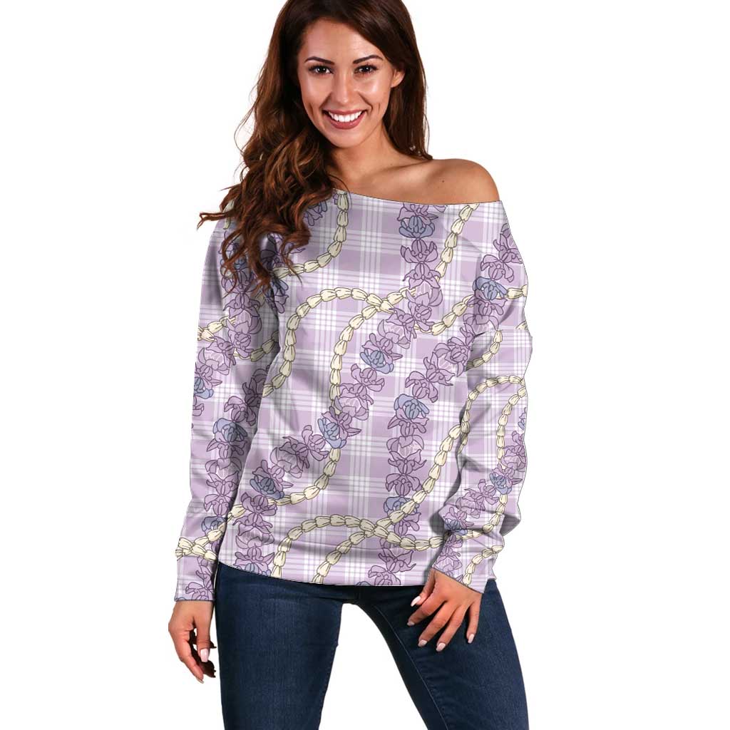 Pua Kalaunu Lei Off Shoulder Sweater Palaka Pattern LT01 Women Purple - Polynesian Pride
