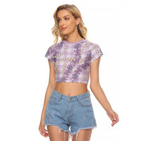 Pua Kalaunu Lei Raglan Cropped T Shirt Palaka Pattern LT01 Female Purple - Polynesian Pride