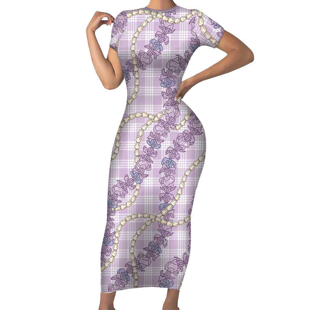 Pua Kalaunu Lei Short Sleeve Bodycon Dress Palaka Pattern LT01 Long Dress Purple - Polynesian Pride