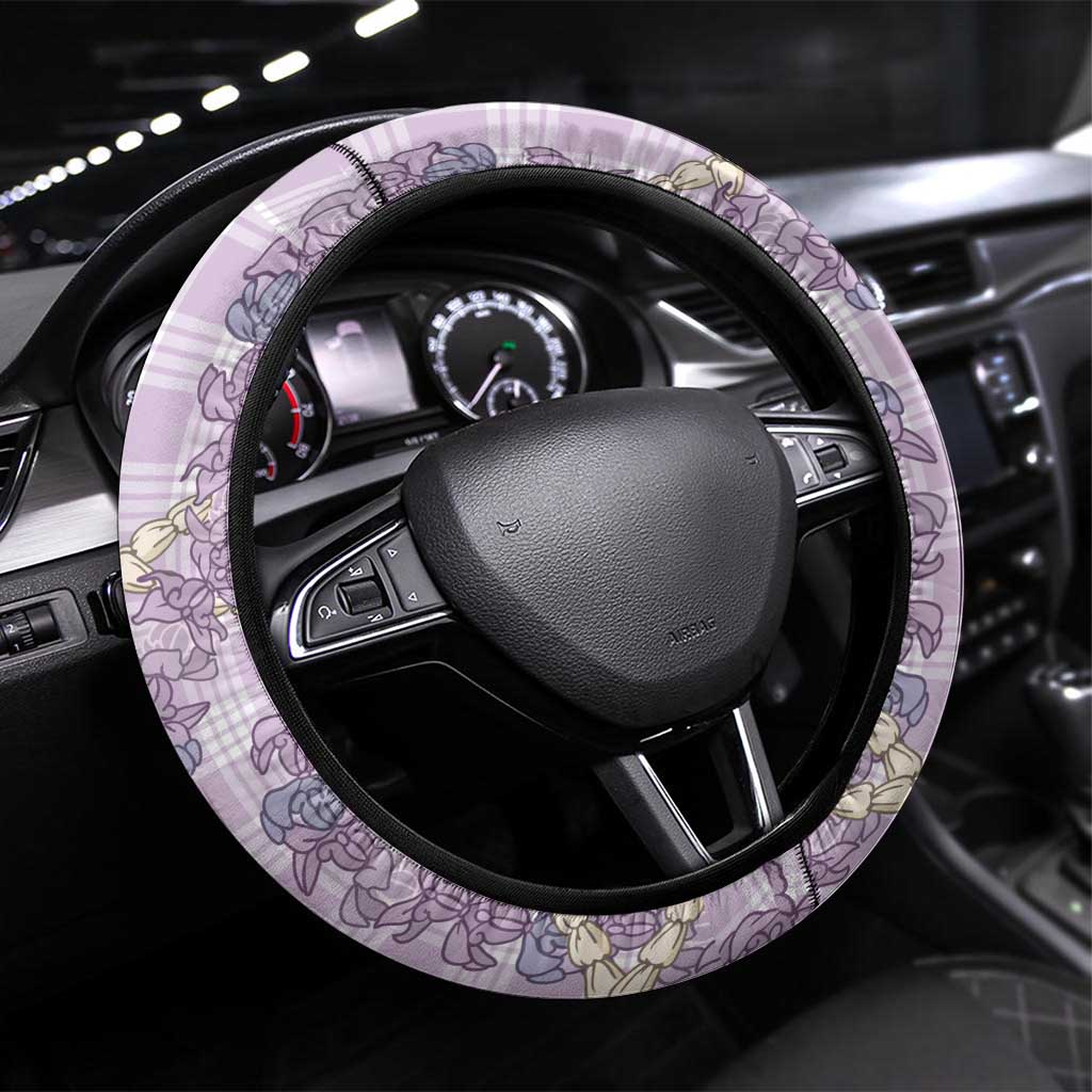 Pua Kalaunu Lei Steering Wheel Cover Palaka Pattern LT01 Universal Fit Purple - Polynesian Pride