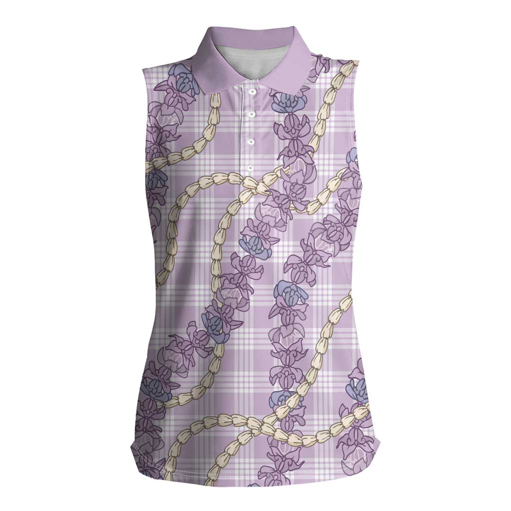 Pua Kalaunu Lei Women Sleeveless Polo Shirt Palaka Pattern LT01 Female Purple - Polynesian Pride