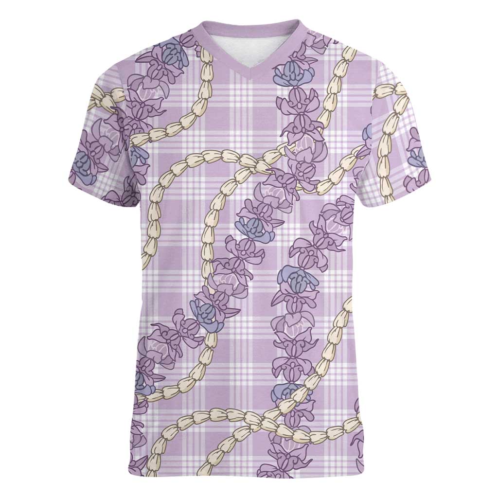 Pua Kalaunu Lei Women V-Neck T-Shirt Palaka Pattern LT01 Female Purple - Polynesian Pride