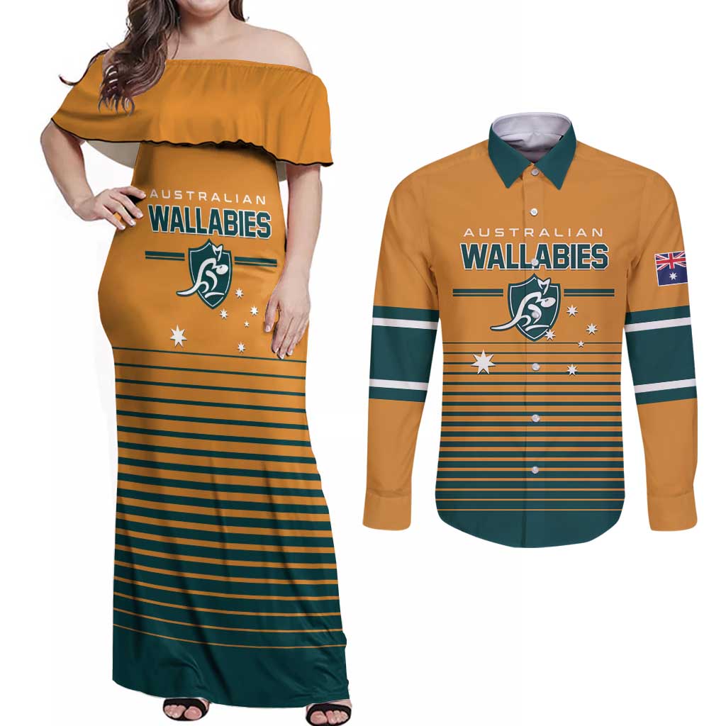 Custom Rugby Australia Couples Matching Off Shoulder Maxi Dress and Long Sleeve Button Shirt Junior Wallabies Go Champions