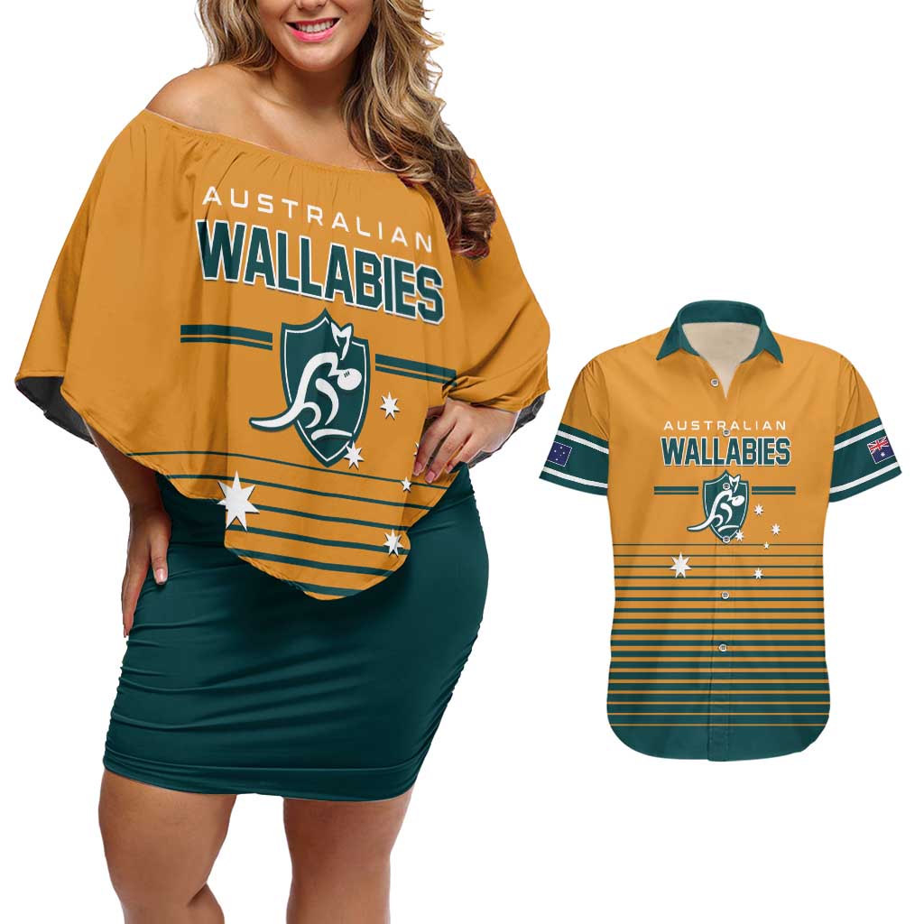 Custom Rugby Australia Couples Matching Off Shoulder Short Dress and Hawaiian Shirt Junior Wallabies Go Champions