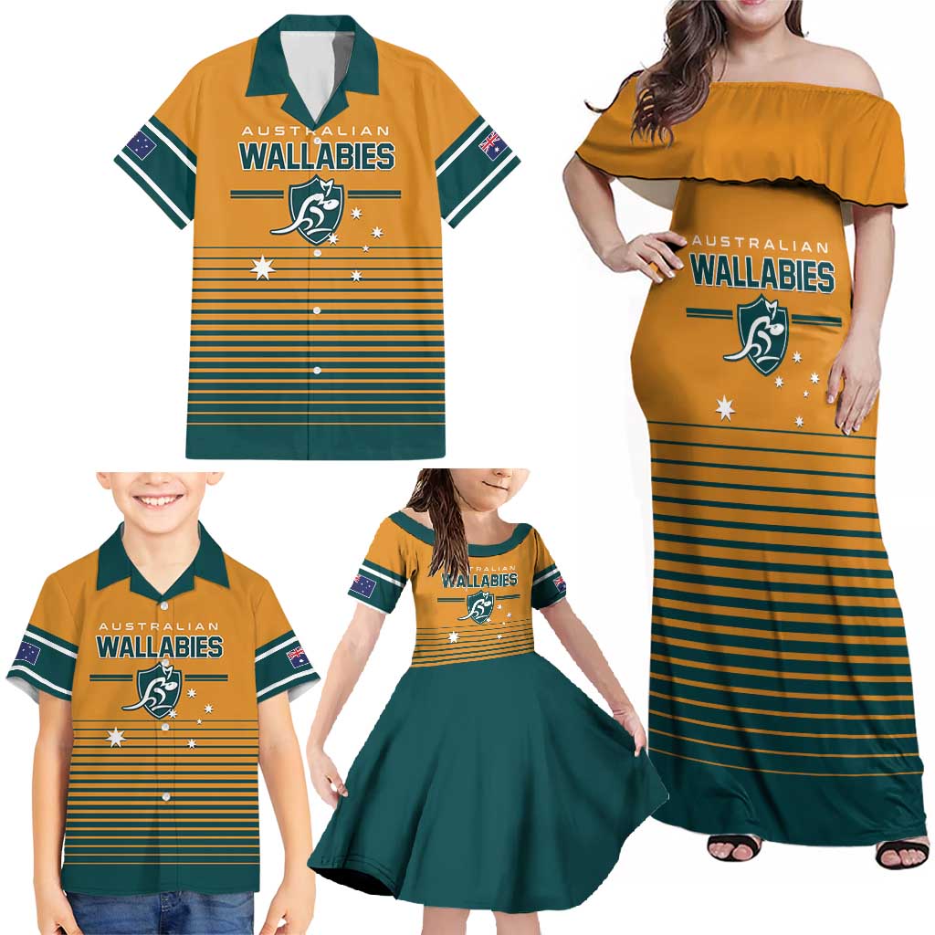 Custom Rugby Australia Family Matching Off Shoulder Maxi Dress and Hawaiian Shirt Junior Wallabies Go Champions