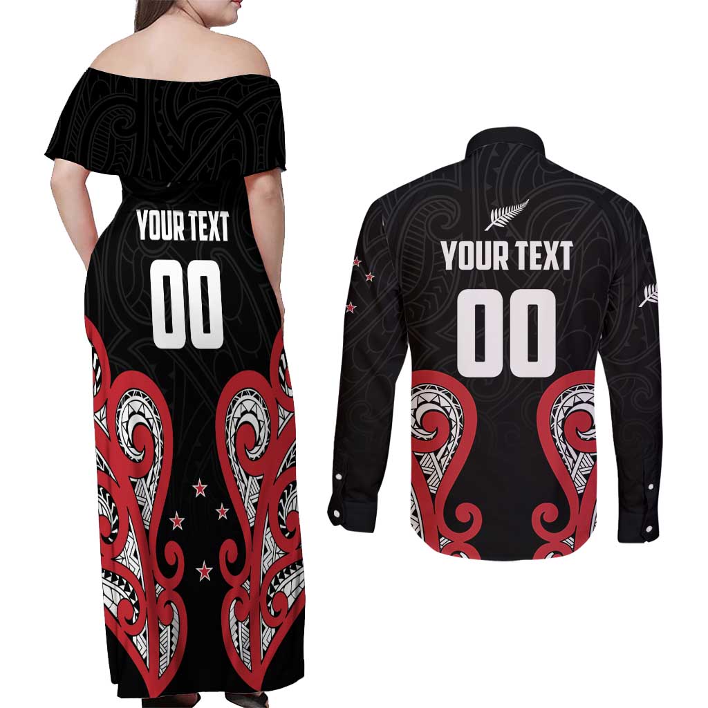 Custom Rugby New Zealand Couples Matching Off Shoulder Maxi Dress and Long Sleeve Button Shirt Baby Black Go Champions