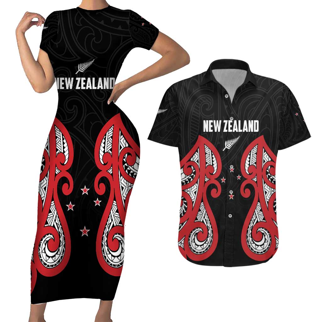 Custom Rugby New Zealand Couples Matching Short Sleeve Bodycon Dress and Hawaiian Shirt Baby Black Go Champions