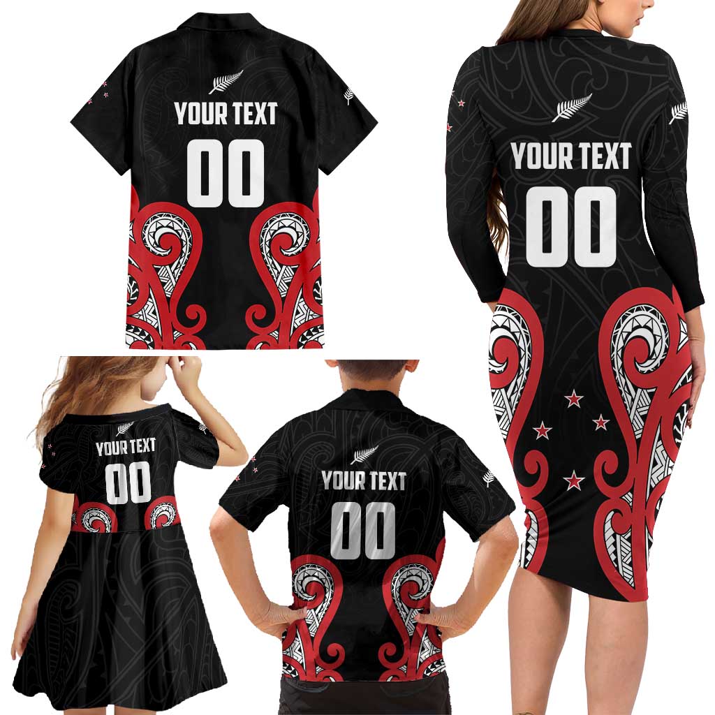 Custom Rugby New Zealand Family Matching Long Sleeve Bodycon Dress and Hawaiian Shirt Baby Black Go Champions