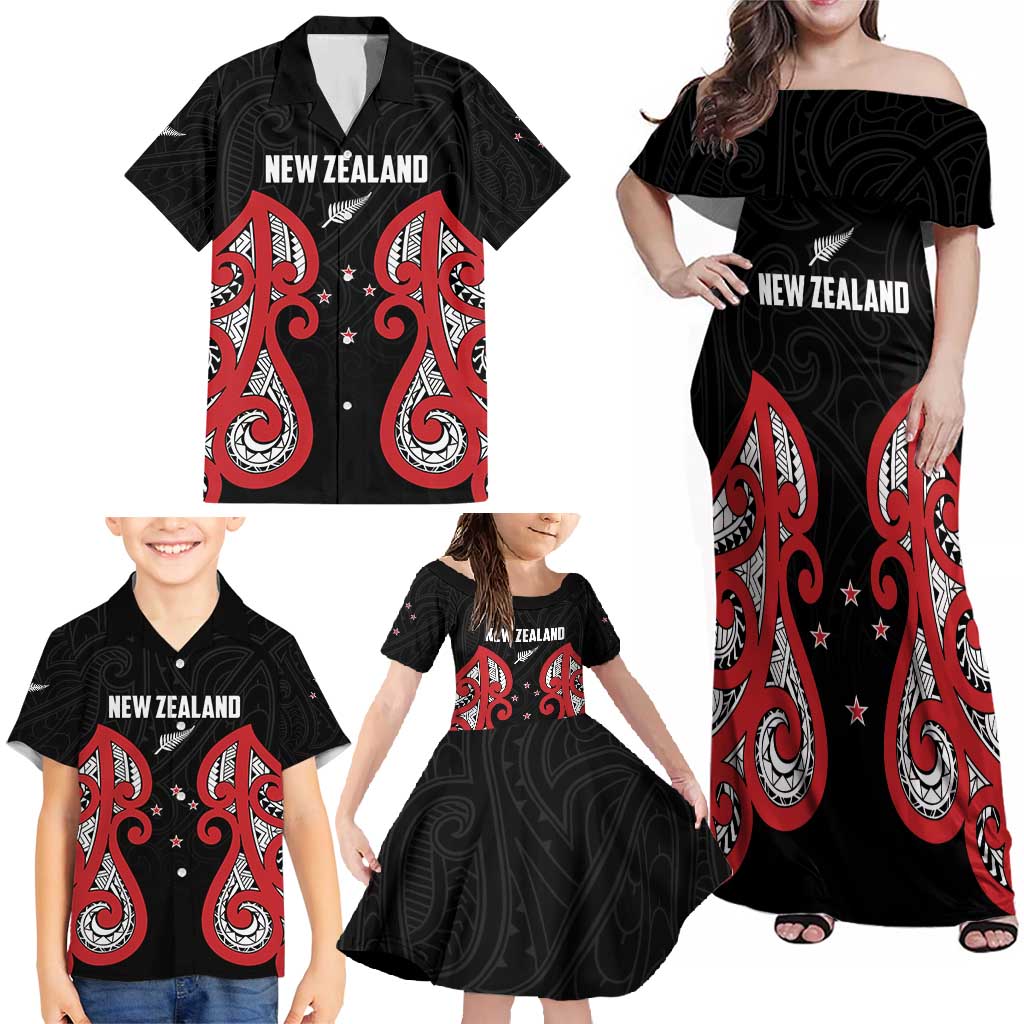 Custom Rugby New Zealand Family Matching Off Shoulder Maxi Dress and Hawaiian Shirt Baby Black Go Champions