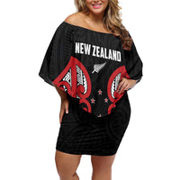 Custom Rugby New Zealand Family Matching Off Shoulder Short Dress and Hawaiian Shirt Baby Black Go Champions