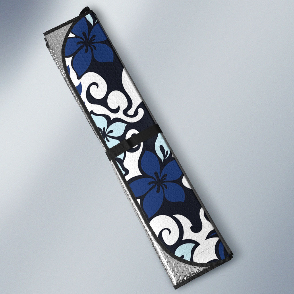 Monstera Plumeria Flowers Blue Auto Sun Shade Polynesian Pattern LT01 - Polynesian Pride