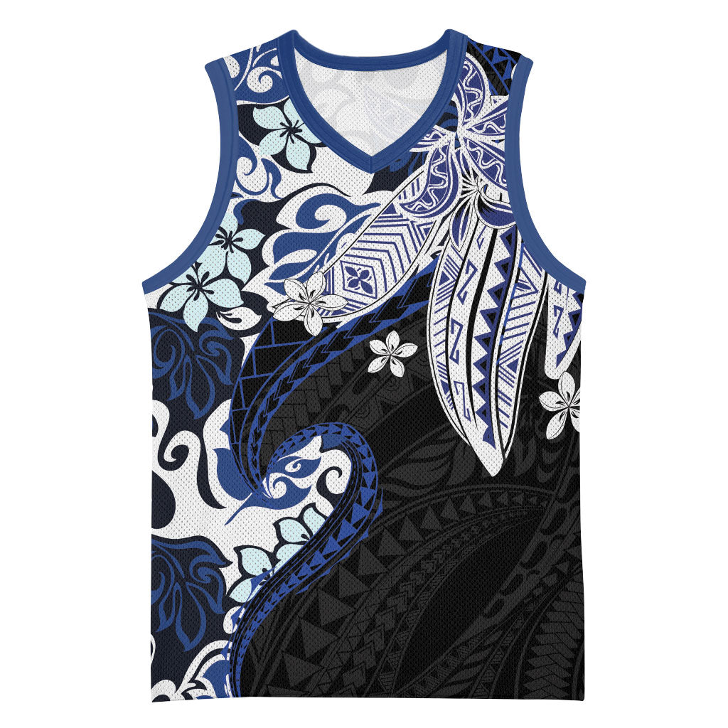 Monstera Plumeria Flowers Blue Basketball Jersey Polynesian Pattern LT01 Unisex Blue - Polynesian Pride