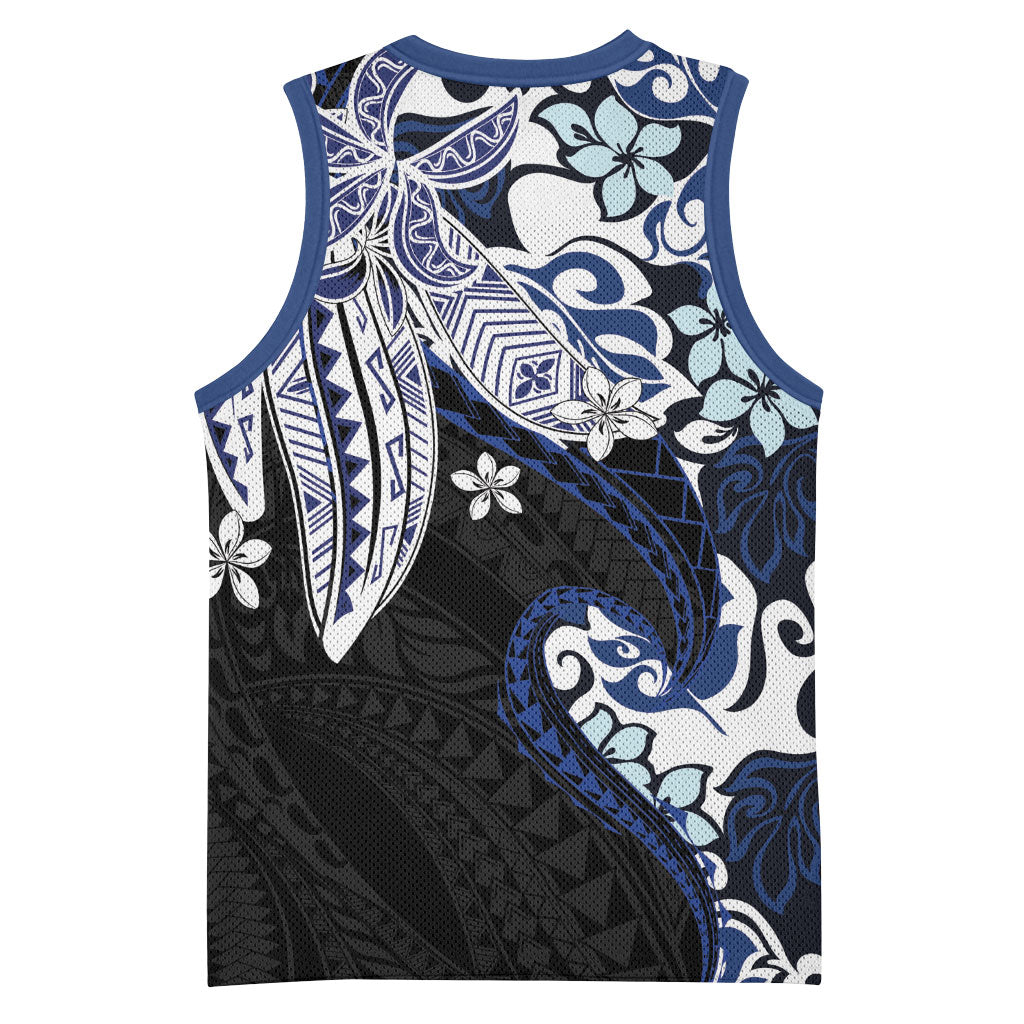 Monstera Plumeria Flowers Blue Basketball Jersey Polynesian Pattern LT01 - Polynesian Pride