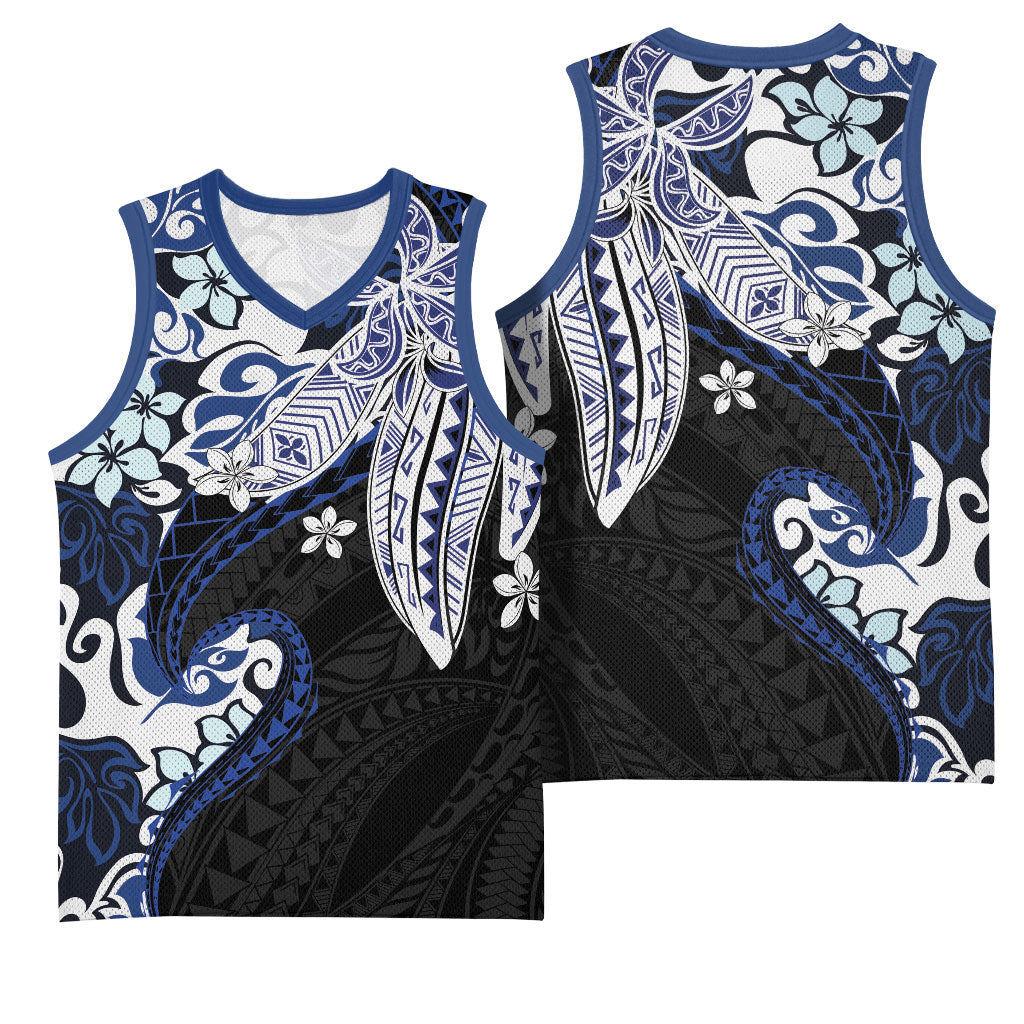 Monstera Plumeria Flowers Blue Basketball Jersey Polynesian Pattern LT01 - Polynesian Pride