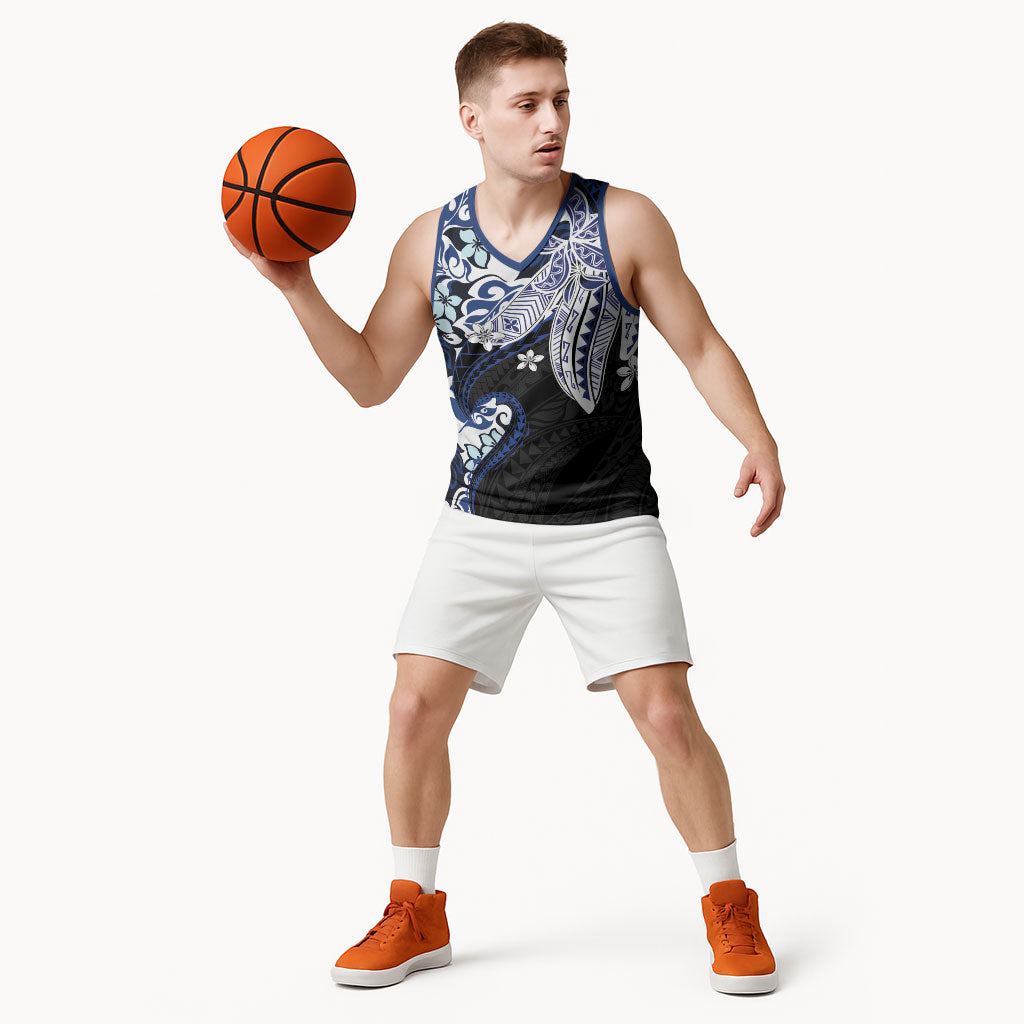 Monstera Plumeria Flowers Blue Basketball Jersey Polynesian Pattern LT01 - Polynesian Pride