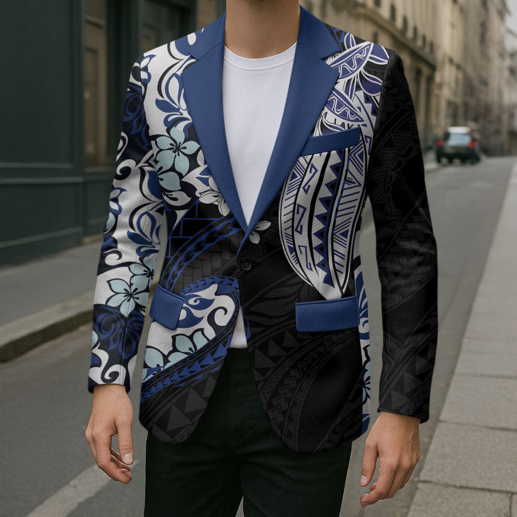 Monstera Plumeria Flowers Blue Blazer Polynesian Pattern LT01 - Polynesian Pride