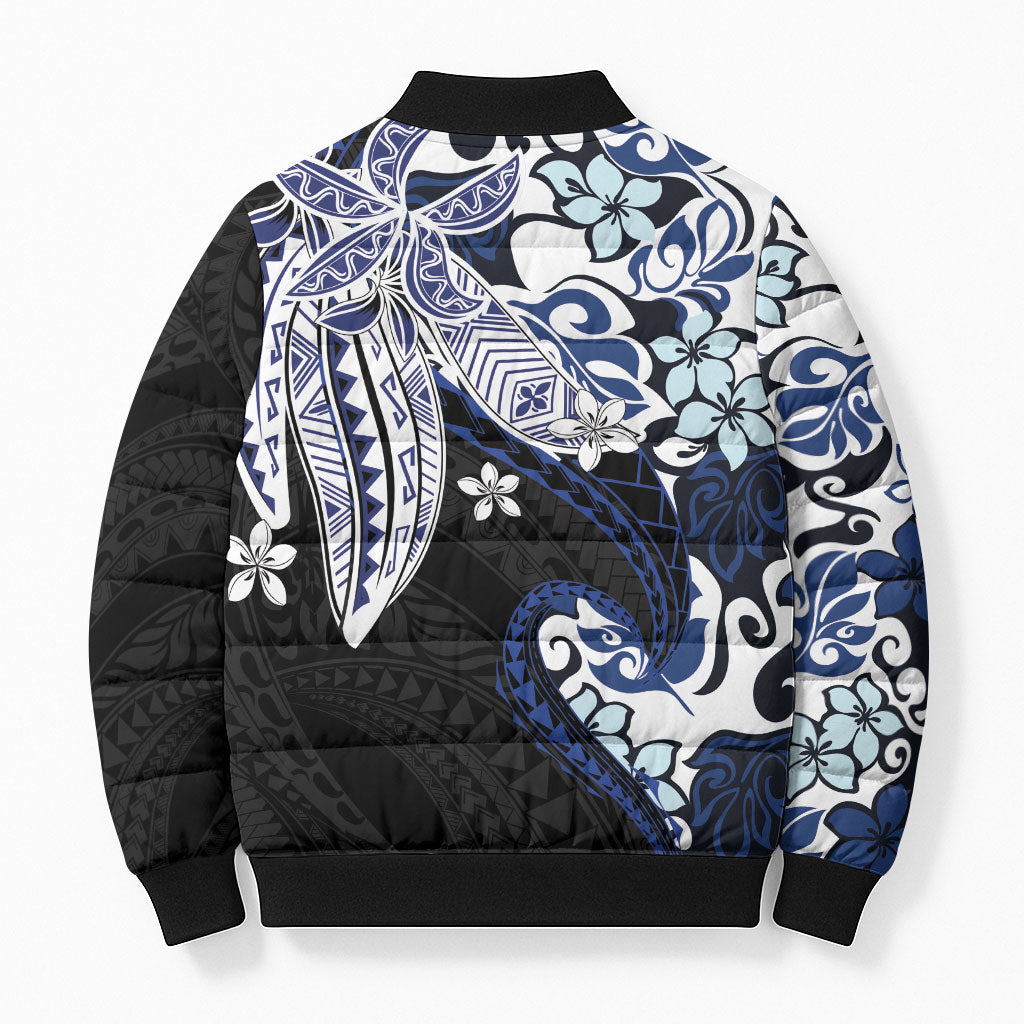 Monstera Plumeria Flowers Blue Bomber Puffer Jacket Polynesian Pattern LT01 - Polynesian Pride