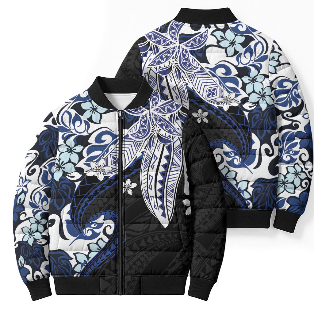 Monstera Plumeria Flowers Blue Bomber Puffer Jacket Polynesian Pattern LT01 - Polynesian Pride