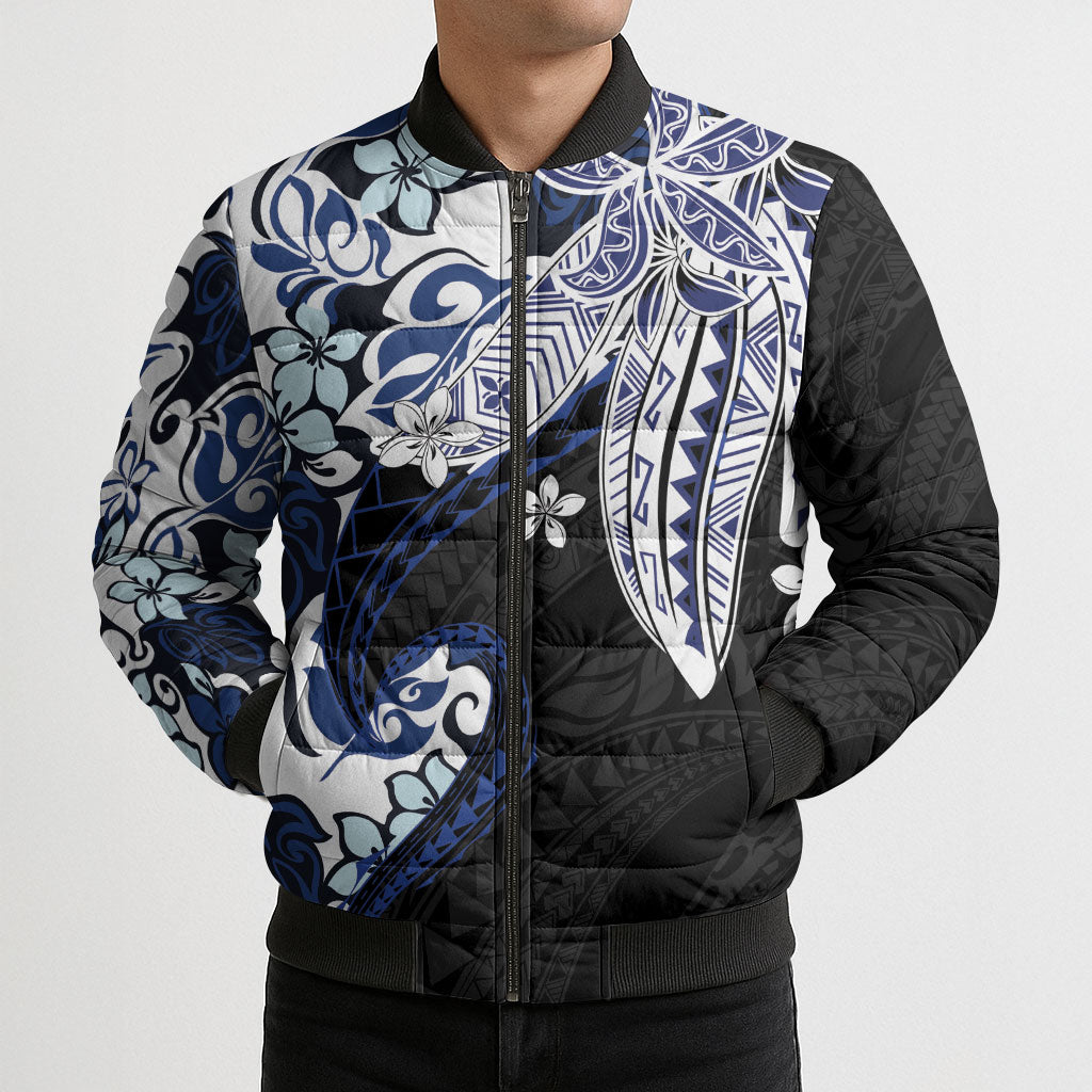 Monstera Plumeria Flowers Blue Bomber Puffer Jacket Polynesian Pattern LT01 - Polynesian Pride